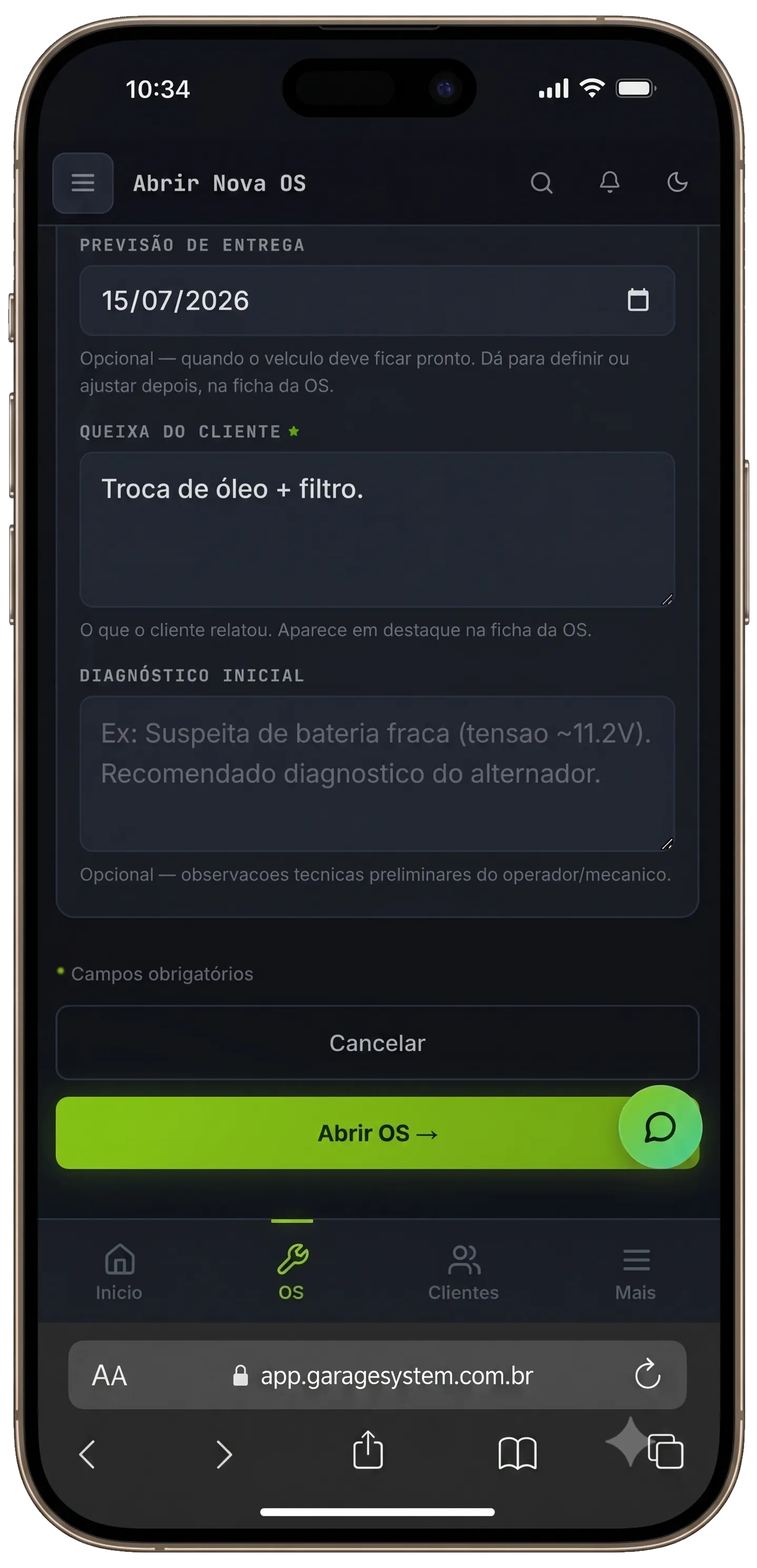 Tela real de abertura de OS no celular com campo de queixa do cliente preenchido e botão verde de abrir OS