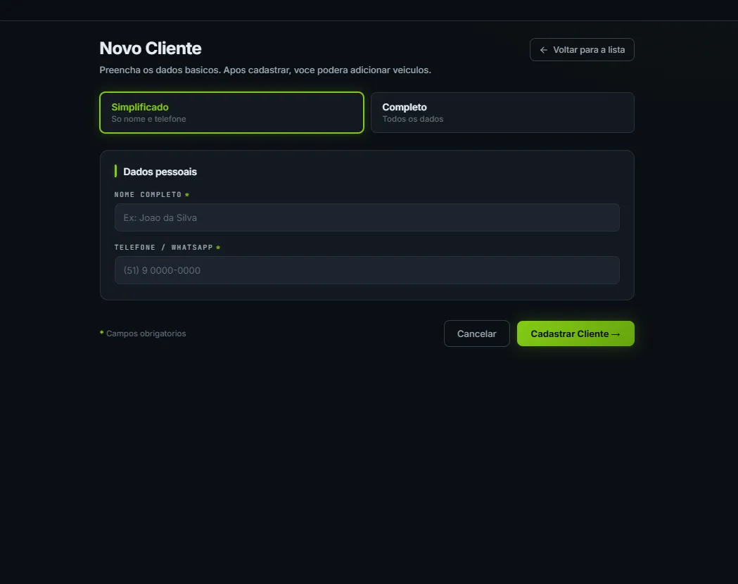 Tela real do cadastro simplificado de cliente do Garage System com apenas nome e telefone