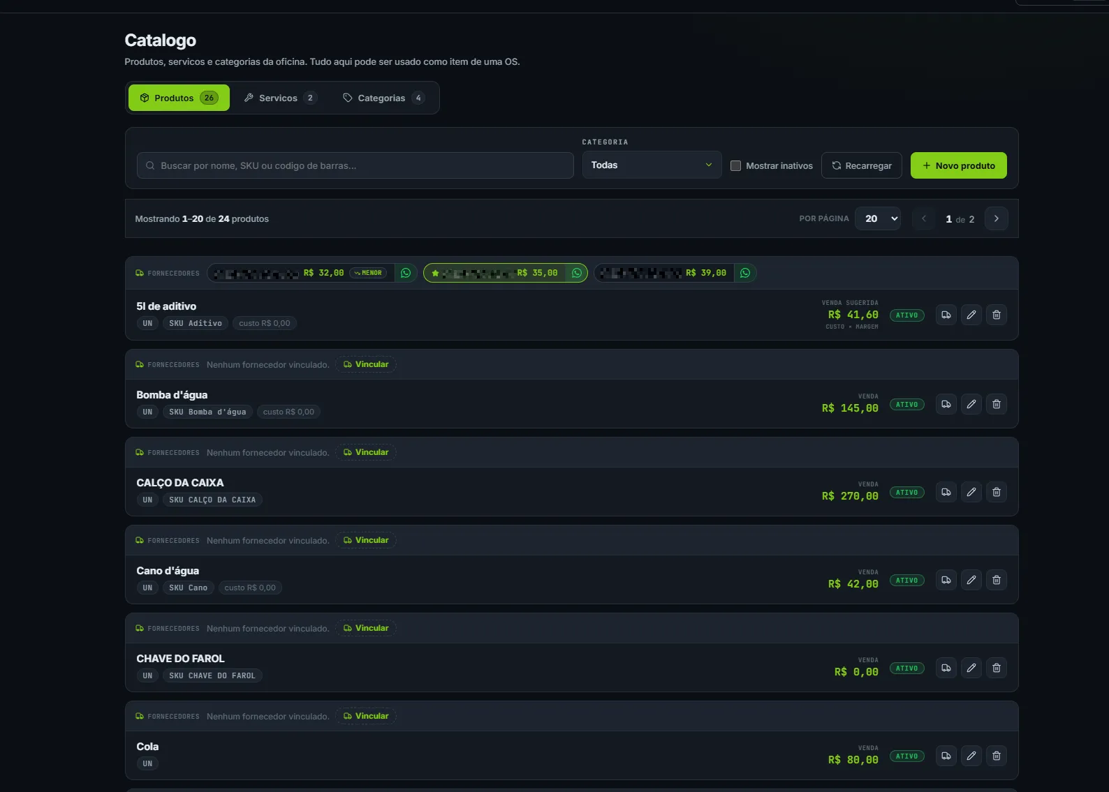 Tela real do catálogo de peças do Garage System comparando preços de fornecedores com botão de WhatsApp