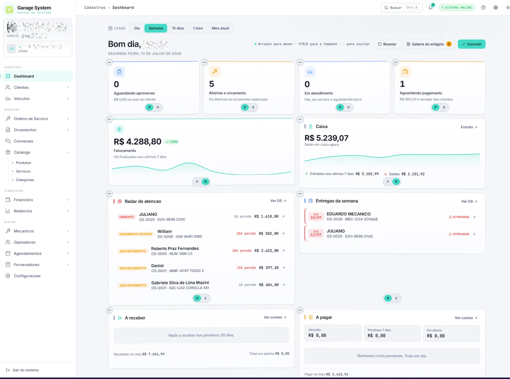 Tela real do dashboard do Garage System em modo claro, com radar de atenção, entregas da semana, faturamento e caixa