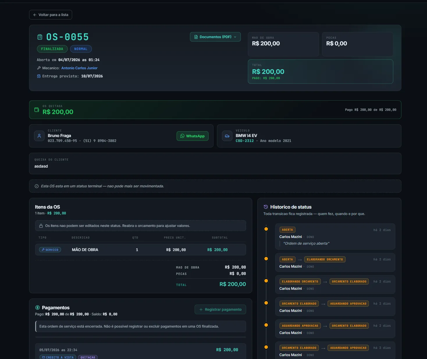 Tela real de ordem de serviço do Garage System com status, valores, pagamentos e histórico completo de alterações