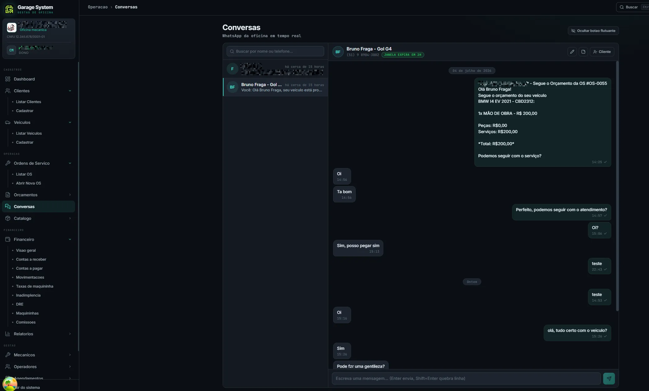 Tela real das conversas de WhatsApp integradas ao Garage System